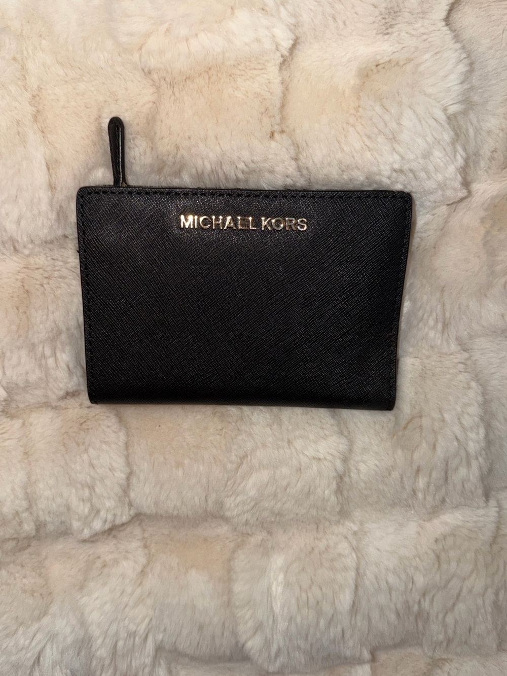 Michael Kors Black Saffiano Zip Wallet with Gold Logo Accent